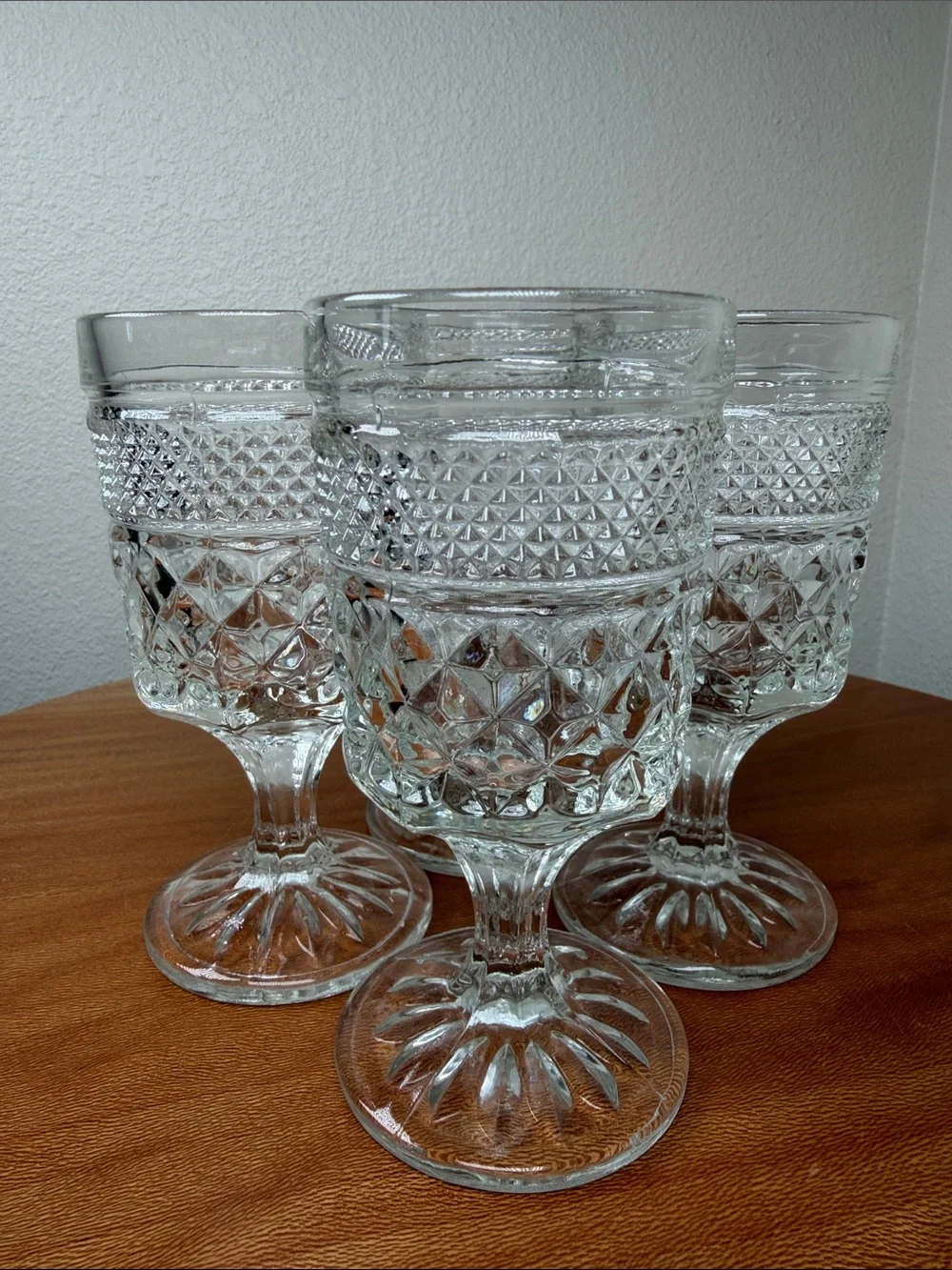 Vintage Anchor Hocking Wexford Clear Goblets Diamond Pattern 5.5” Four Glasses